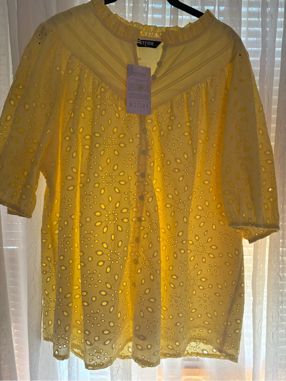 BTFBM Yellow Eyelet Puff-Sleeve Women's Top